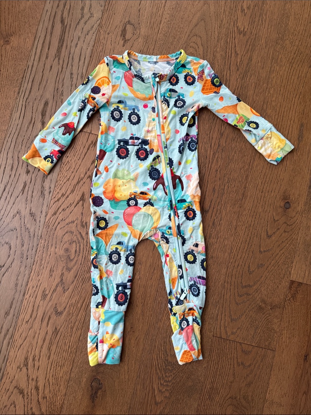 Posh Peanut Light Blue Kids One-Piece Footie with Colorful Vehicle Print 9M